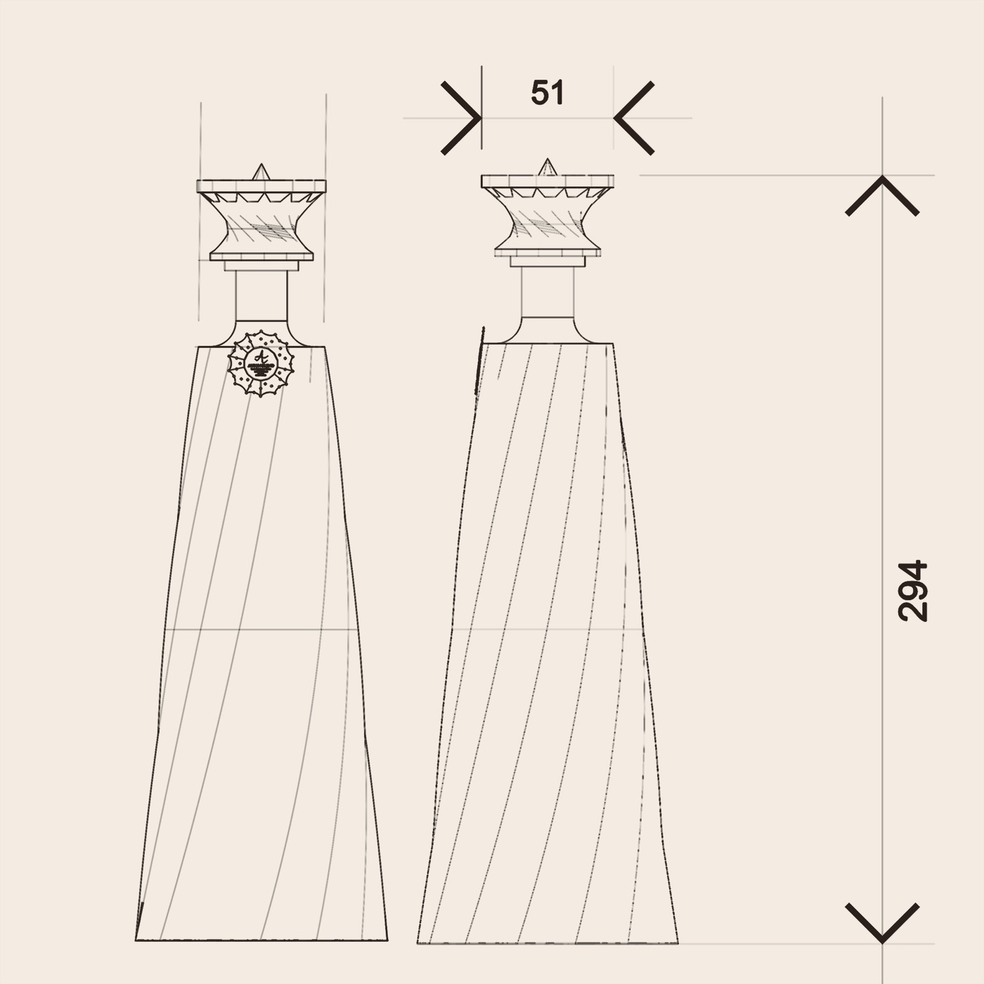 Front and side · 294 mm tall, 51 mm across the crown