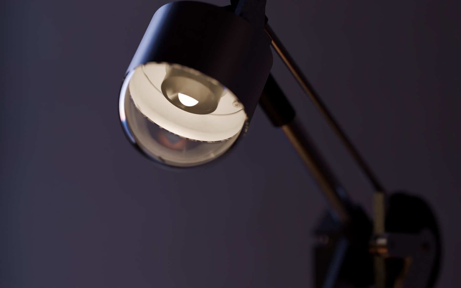 Render, close up: AXON's head at TASK, lit, seen from slightly below: the can, its clear dome and the optic glowing inside, the arm out of focus behind.