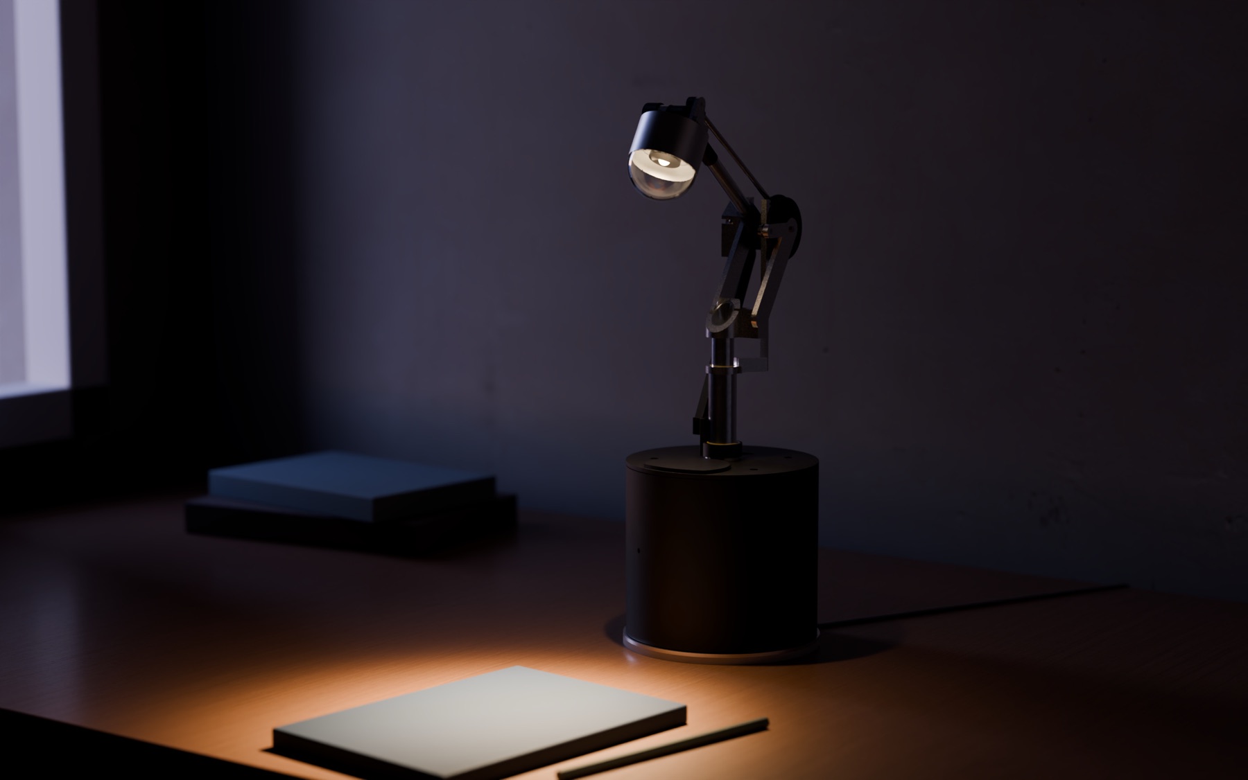 Render of AXON at TASK on a walnut desk at dusk: the head tilted down and lit, a warm pool of light on a notebook and a pencil; the round base, the column and the arm against a plastered wall.