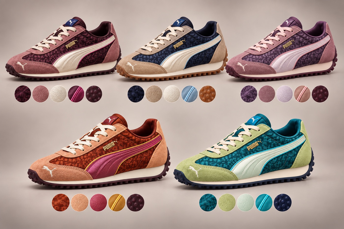 Colourways 01–05 · with their material swatches