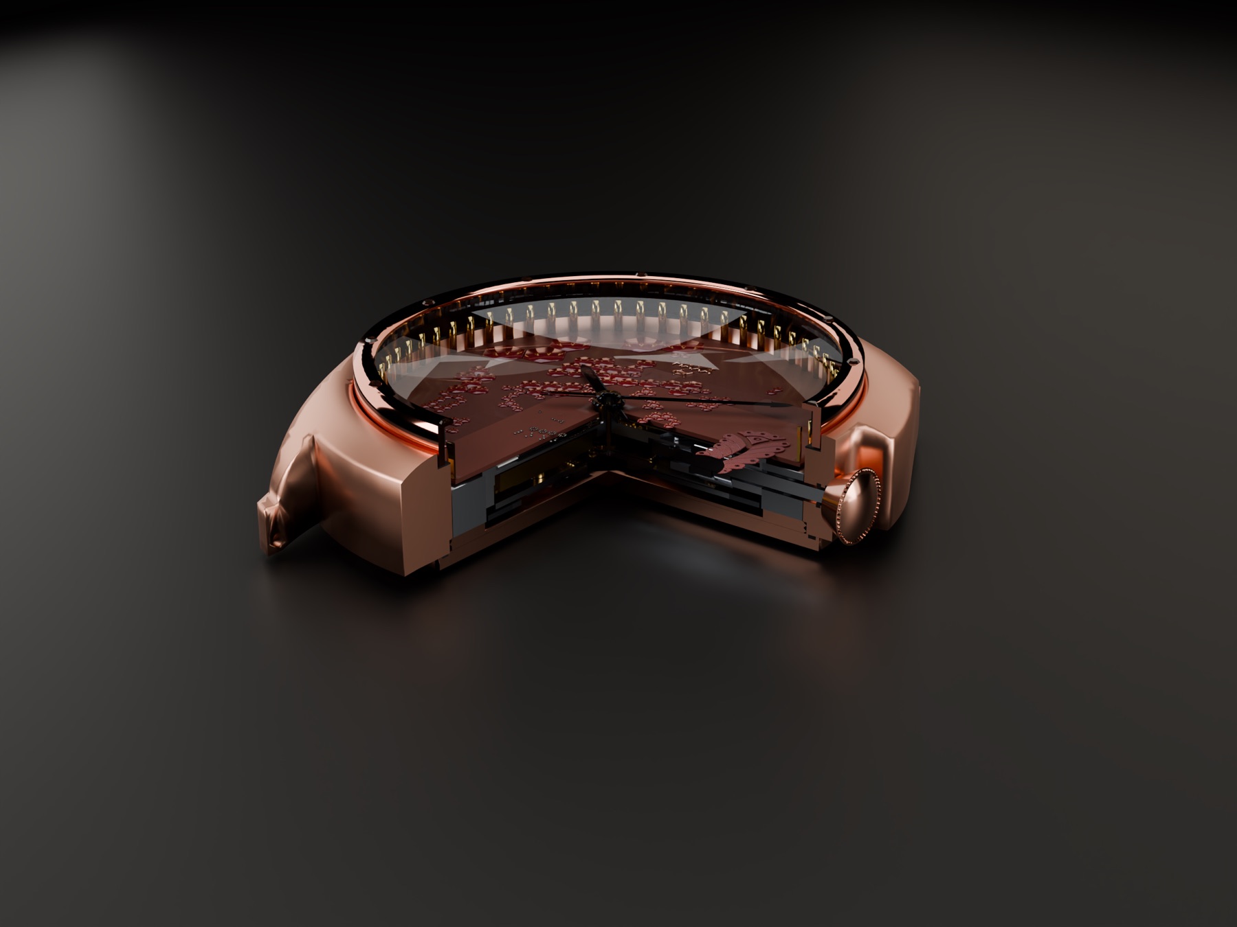 Cutaway: crystal, dial seat and movement