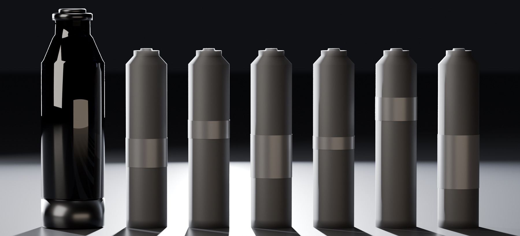 One permanent object, six consumables, one docking geometry — cartridge bands are placeholders; no fragrance house is depicted