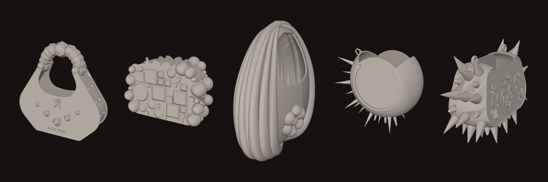 Five of the bags as modelled in Rhino · Spike Bag, Mixed Bag, Egg Flower, My Lovely Bag, Lovely November