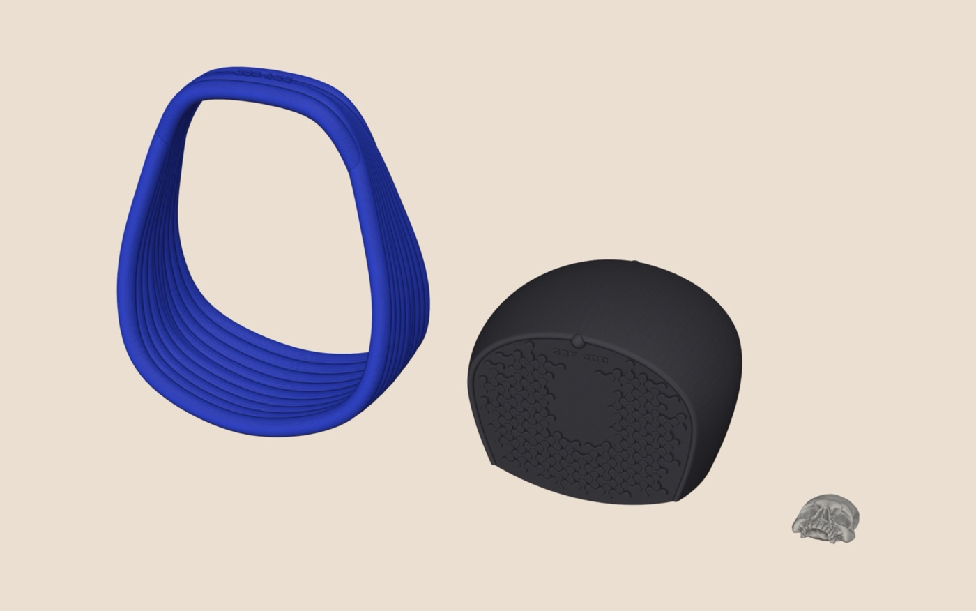 The skull bag as three print files · handle, body (sliced: 12 h 26 min, 183 g PLA-CF) and skull