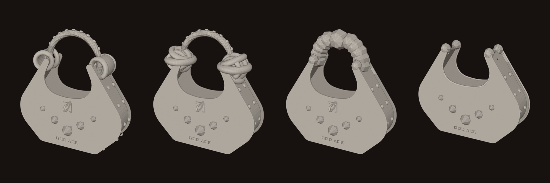 Spike Bag, 13–14 Oct 2025 · v01 ring handle, v02 knotted rings, v03 faceted handle (sliced: 11 h 53 min, 321 g PLA), and the body-only print file (9 h 11 min, 270 g)