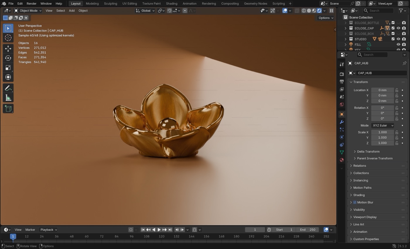 The flower cap: five petals, a bud and a hub, with the viewport statistics