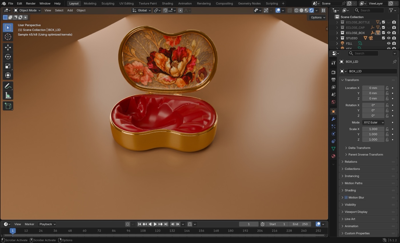 The open coffret: the enamel panel in the lid, its art taken from an AI concept image, and the red satin cradle