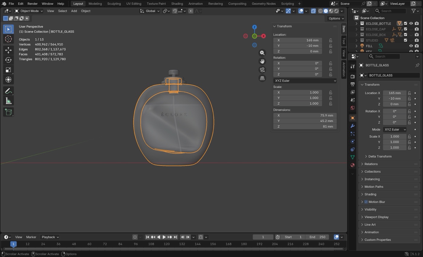 The flacon glass in X‑ray view: 75.9 × 45.2 × 81 mm in the item panel