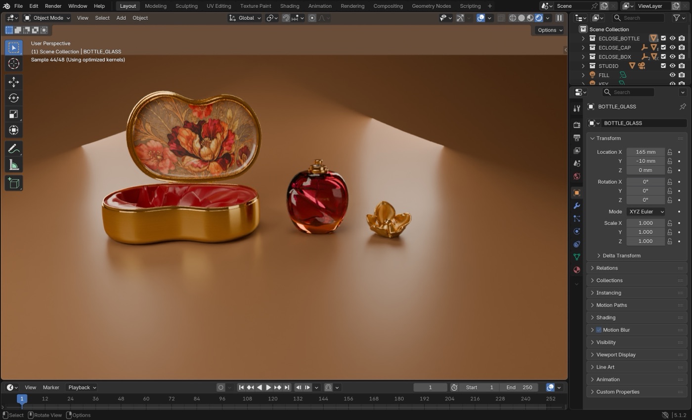 The three parts side by side in the Cycles viewport: coffret, flacon, flower cap