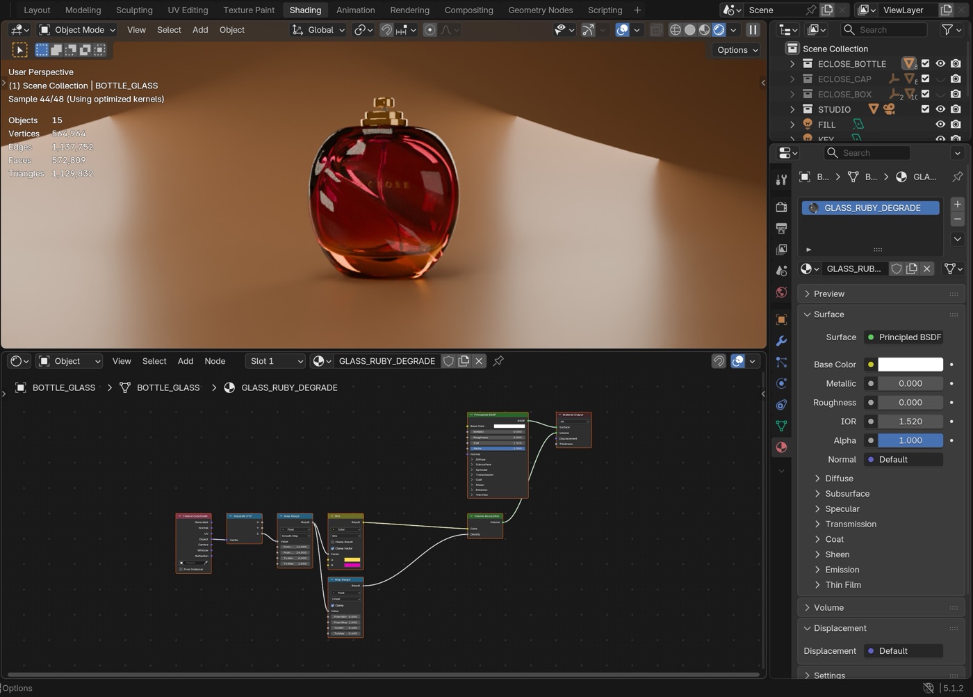 Shading: the glass material as a node tree — a clear surface over a volume colour that turns from amber at the foot to ruby
