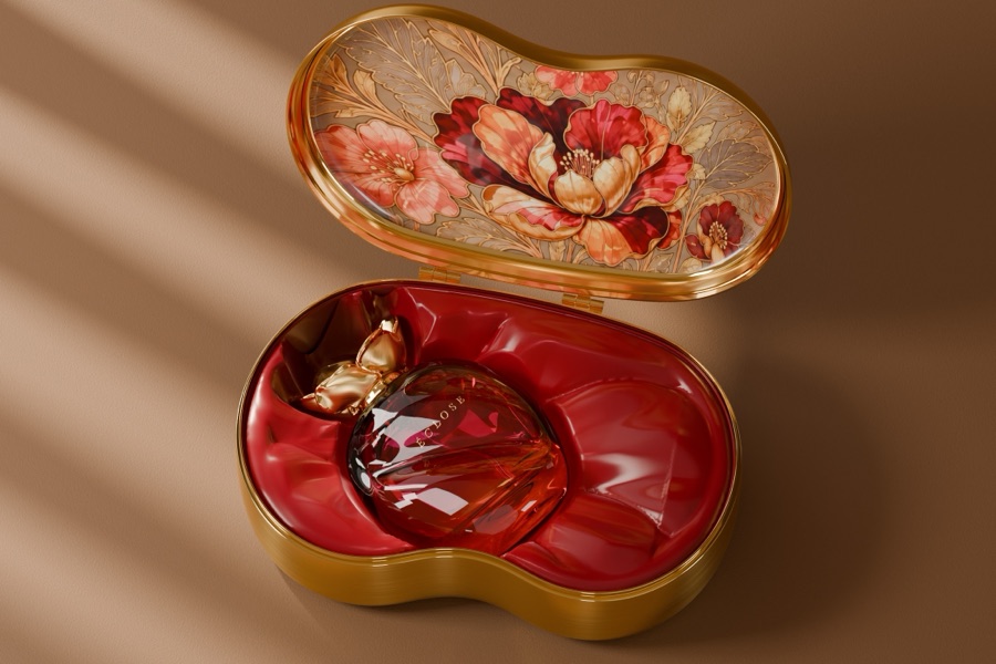 ROSA ÉCLOSE — Perfume flacon, flower cap and coffret, modelled in Blender as three parts