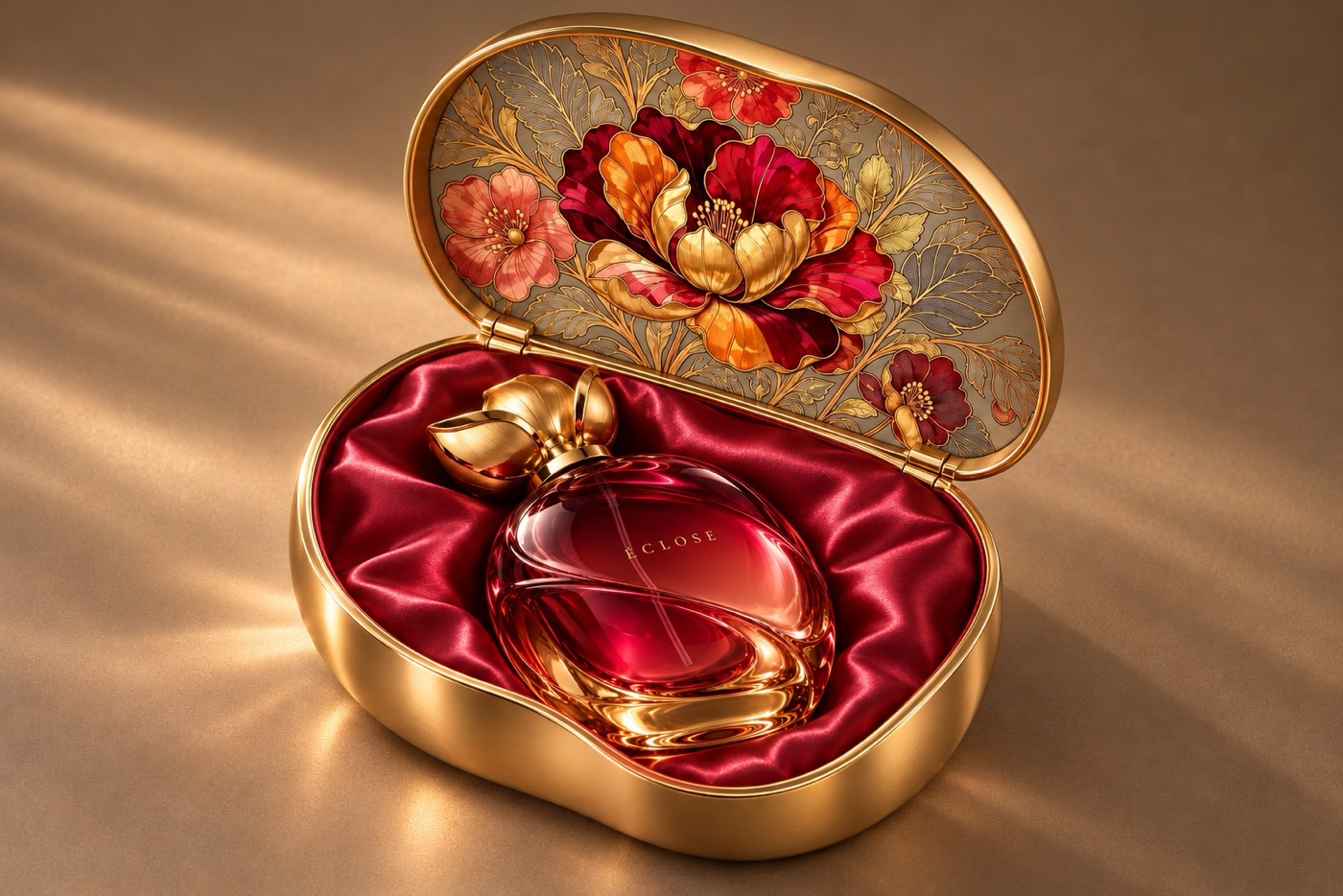 The open coffret, the flacon on red satin · generated with ChatGPT