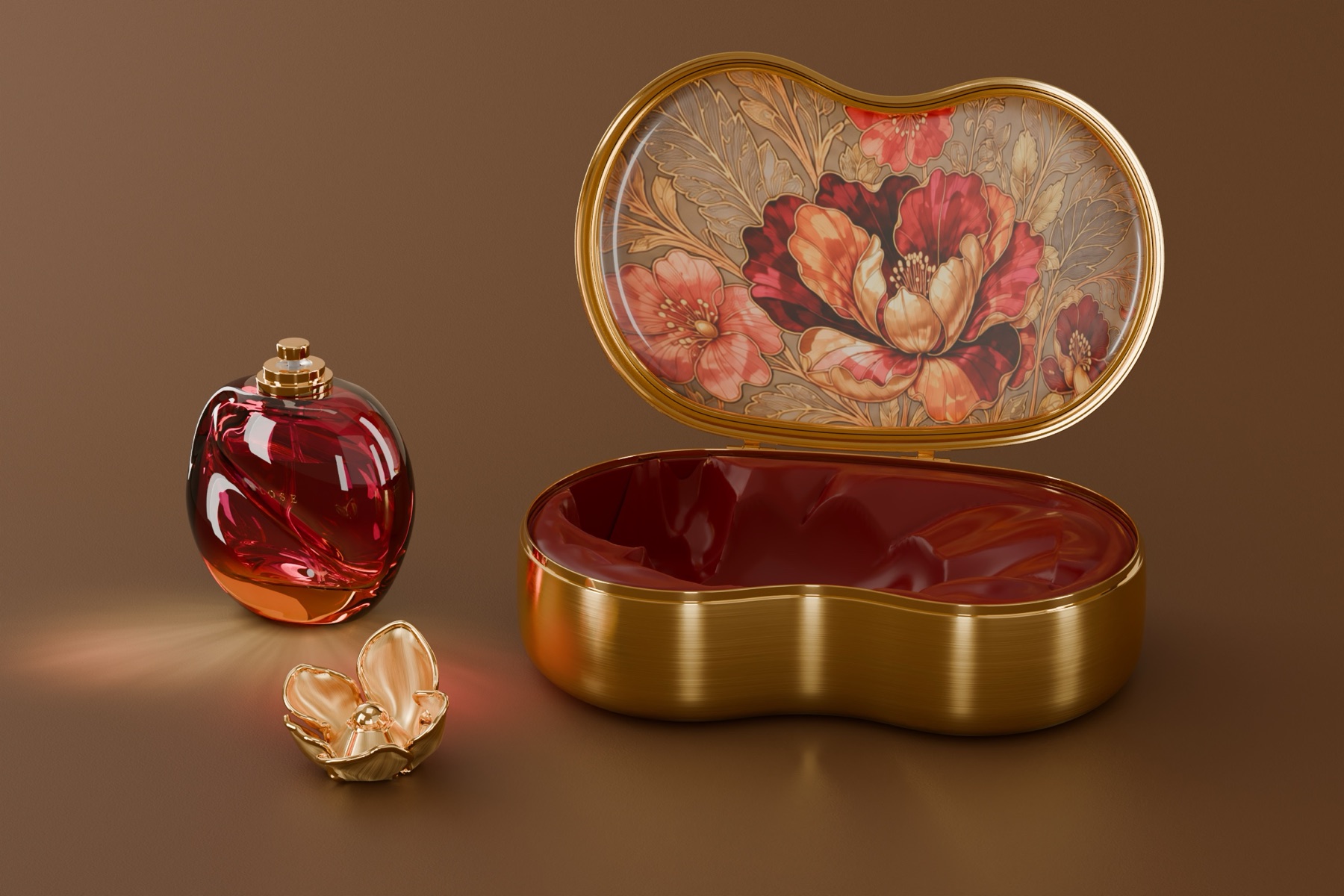 The three parts: the flacon with its spray pump, the flower cap and the open coffret · the lid art is taken from an AI concept image