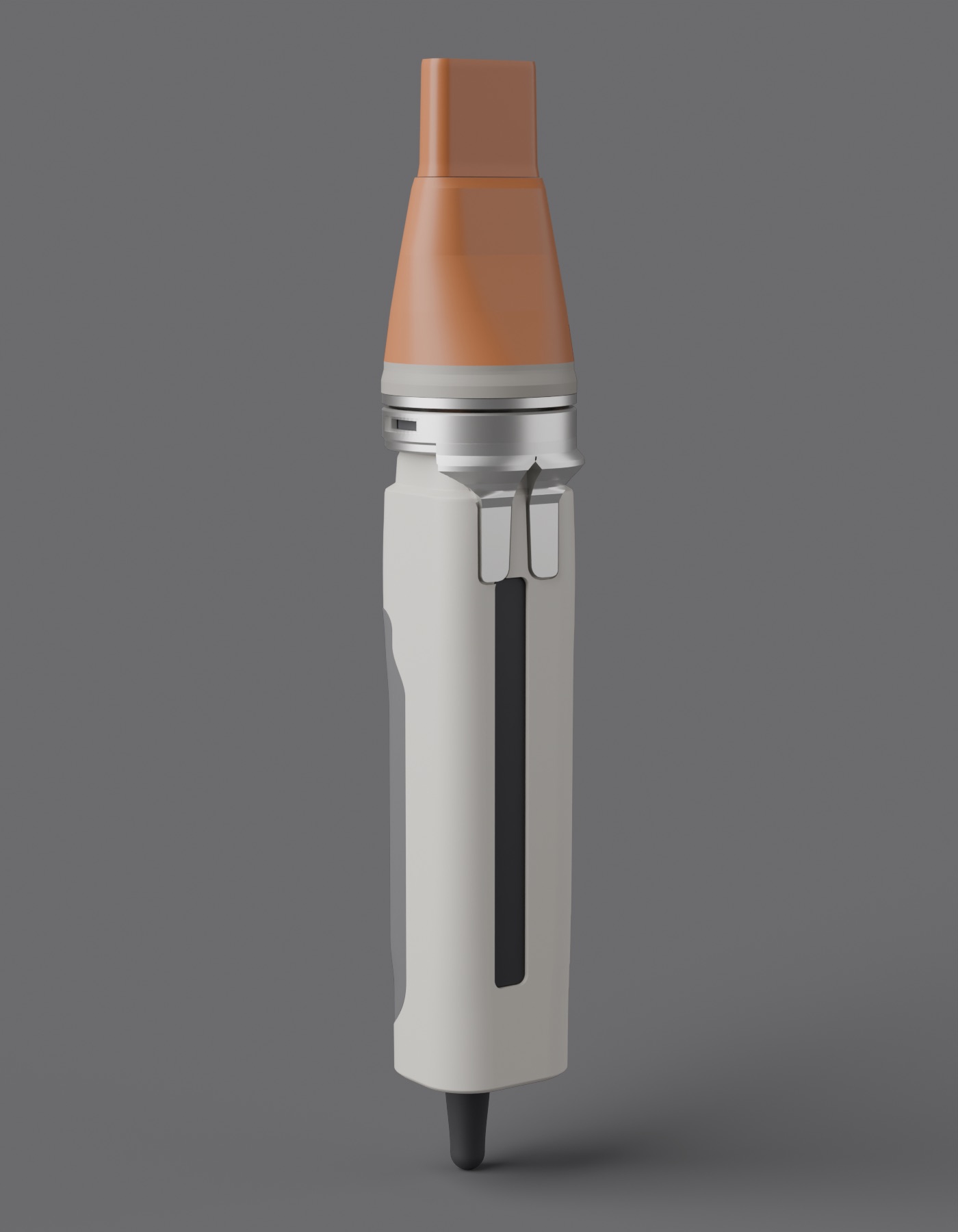 THERMA, three-quarter view: warm-grey handle, mineral-orange concentrator, satin-aluminium collar