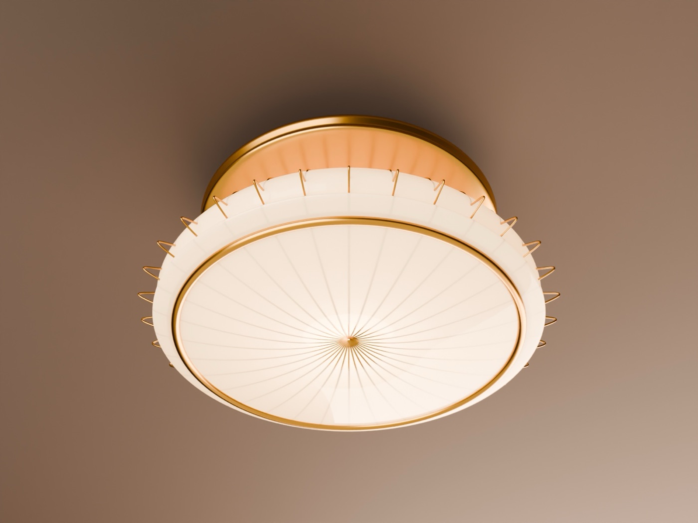 The ceiling light: an opal bowl under a brass canopy