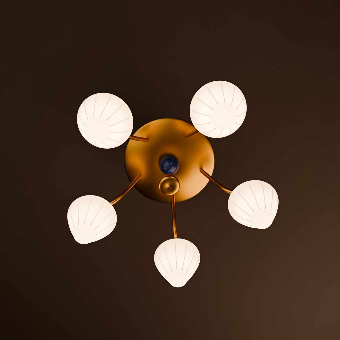 The chandelier from below: five brass arms, five opal diffusers