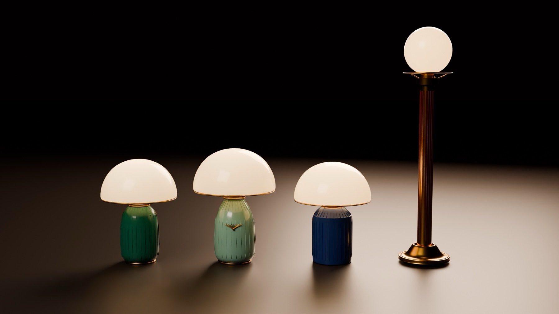 The three table lamps with the floor lamp