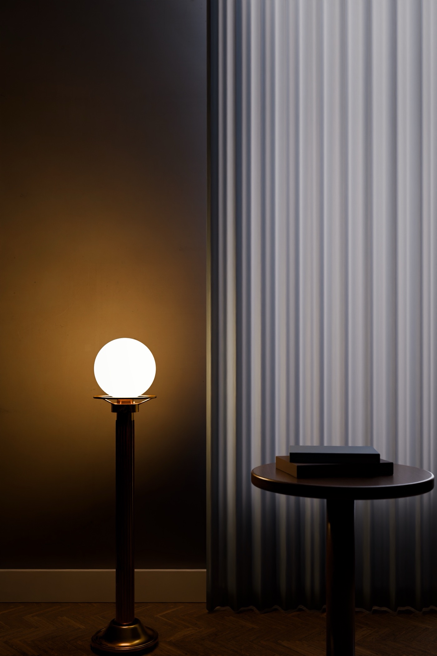 The floor lamp at blue hour, in a staged reading corner