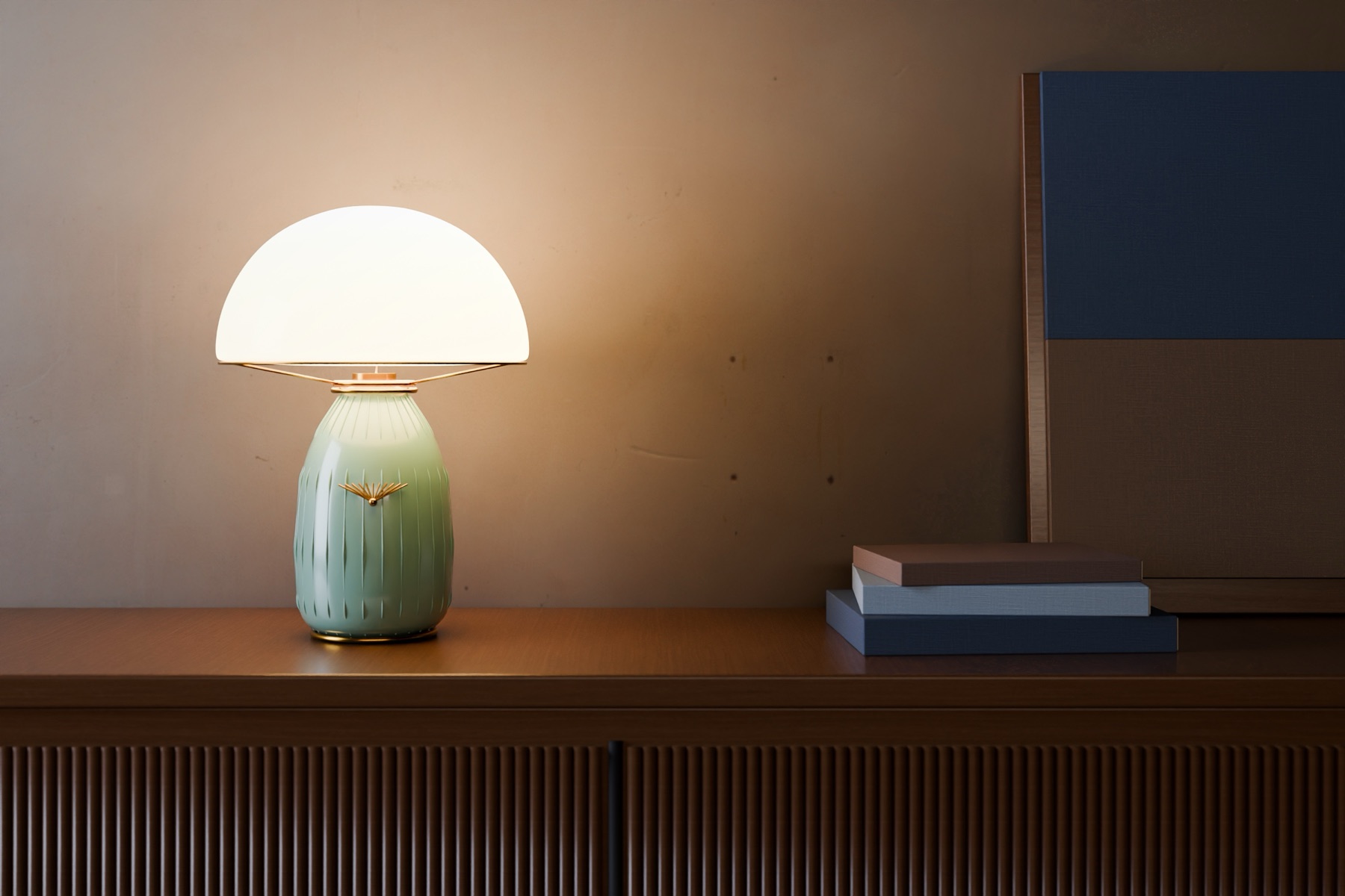 The celadon table lamp on a walnut sideboard at dusk, in a staged salon