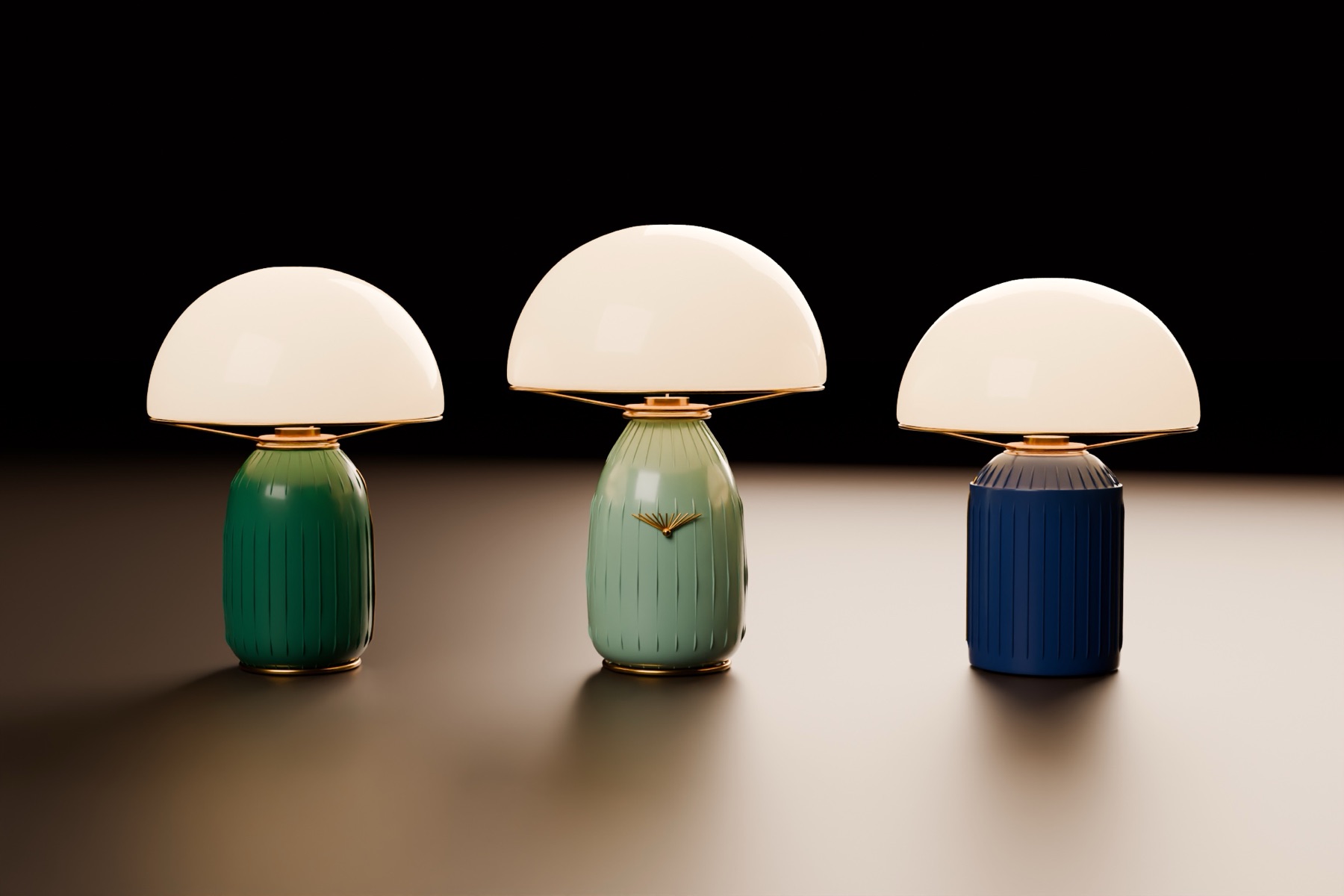 Three table lamps in emerald, celadon and cobalt glaze: fluted ceramic bodies, brass collars, opal glass shades