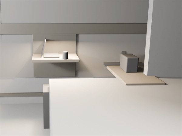AHRK blockout render, cropped to a 4:3 core sample of the adaptive wall in Work mode: a continuous anodised spine runs across the wall, the fold-down surface is open and lit in its recessed bay below it, and the luggage bench sits at the right with a case on it.