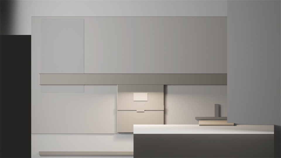 Blockout render, frontal view of the adaptive wall with the surface closed: a flush warm-beige panel with a small light tile and a latch strip sits in the bay under the spine — the reset home line.