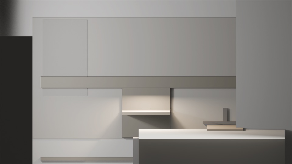 The same camera with the surface open: a thin lit shelf in the recessed bay under the spine.
