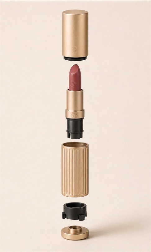 AI-generated exploded visualisation, top to bottom: cap with a black carrier ring; refill cartridge with rose bullet, gold cup, lotus collar and black keyed carrier; fluted shell; black keyed locking insert; champagne retaining base.
