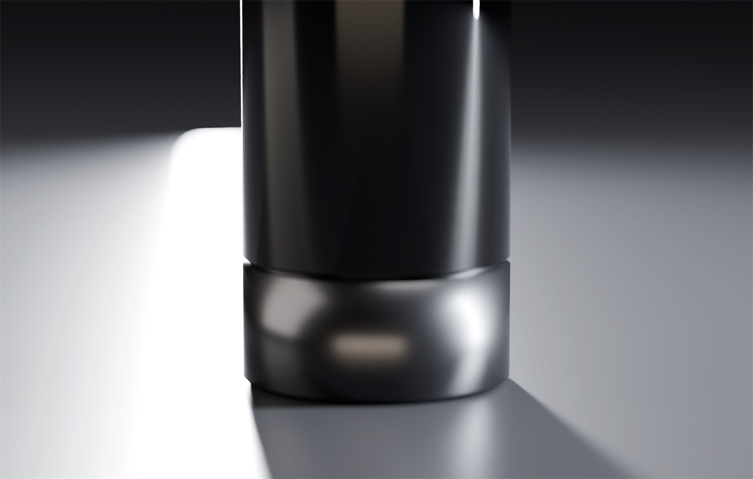 Concept render detail: the blackened-steel bottom cap meeting the smoked-glass body, a soft reflection band in the steel, lit floor at left.