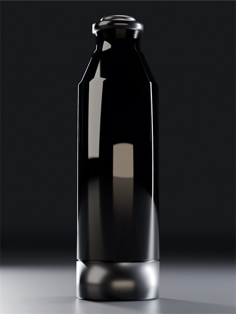 Low three-quarter concept render of the same smoked-glass atomizer with its blackened-steel cap.