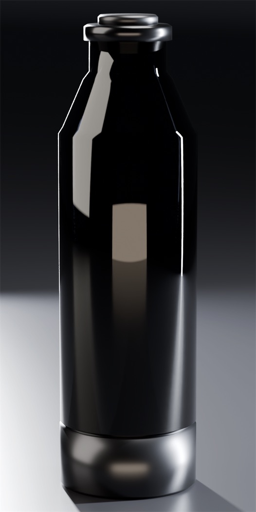 MONOLITH RF03-U1 concept render: a tall shouldered smoked-glass atomizer with a stepped steel finish at the neck and a blackened-steel bottom cap, one warm taupe window reflection on the glass, standing on a lit grey floor.