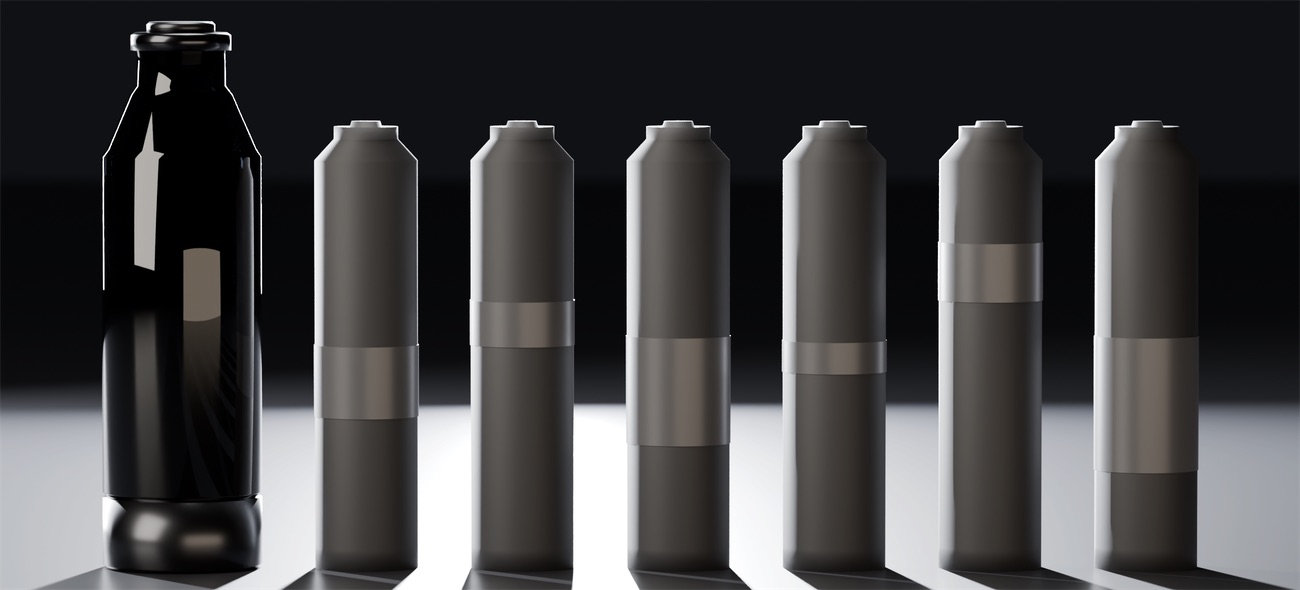 Concept render: the smoked-glass atomizer at left beside six matte soft-touch cartridges in a row, each with a brushed-steel band at a different height and width.