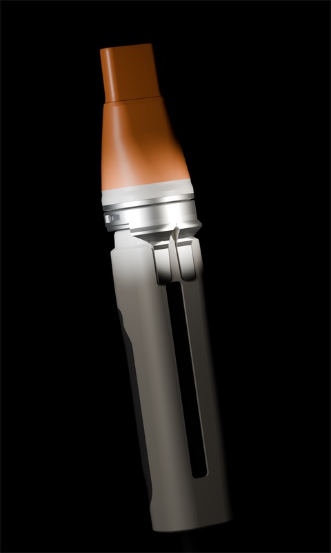 THERMA dark campaign art render: the product tilted and lit from above on black, its lower body falling into shadow.
