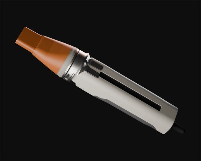 THERMA art render: the whole product floating on a diagonal against near-black — mineral-orange concentrator, satin-aluminium collar, warm-grey handle with its control-spine slot and graphite grip.