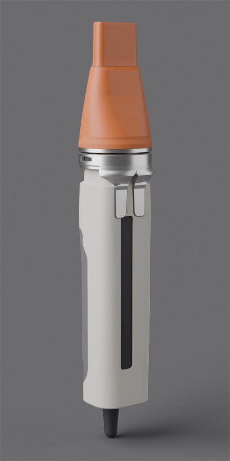 CMF direction A, signal technical: orange concentrator, white-grey body, graphite grip, bright aluminium.