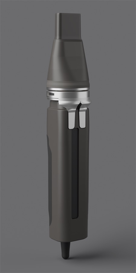CMF direction B, monolith precision (rejected): dark body and attachment with aluminium accents.