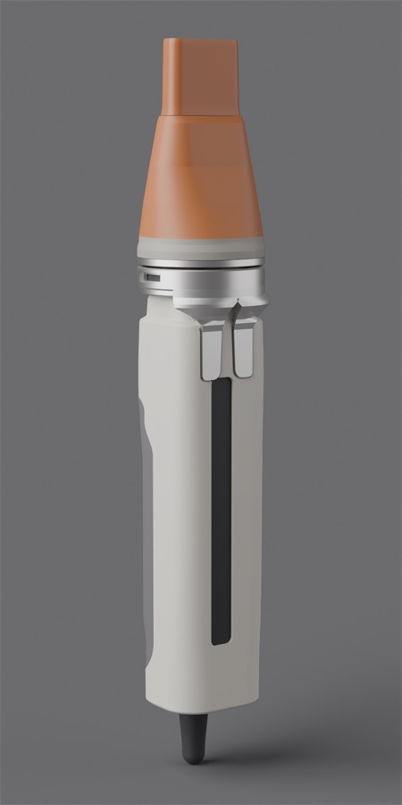 Locked CMF A2_REFINED: mineral-orange concentrator, darkened warm-grey base land, satin-aluminium collar, warm-grey handle, graphite grip.