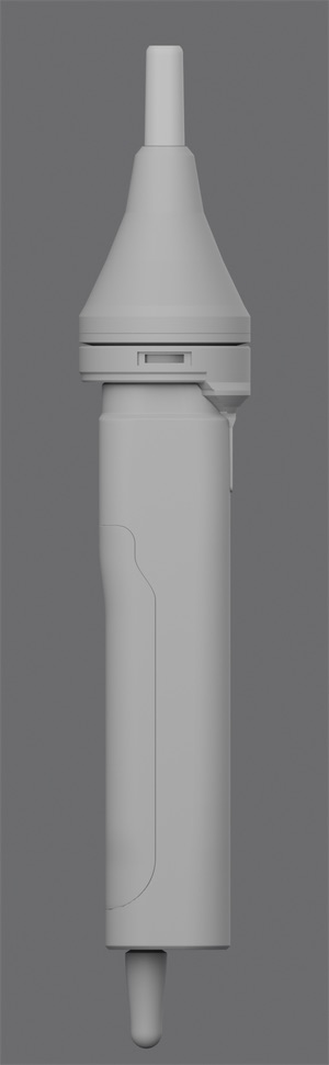 C2 balanced, side view, grey clay: the locked 82 mm concentrator.