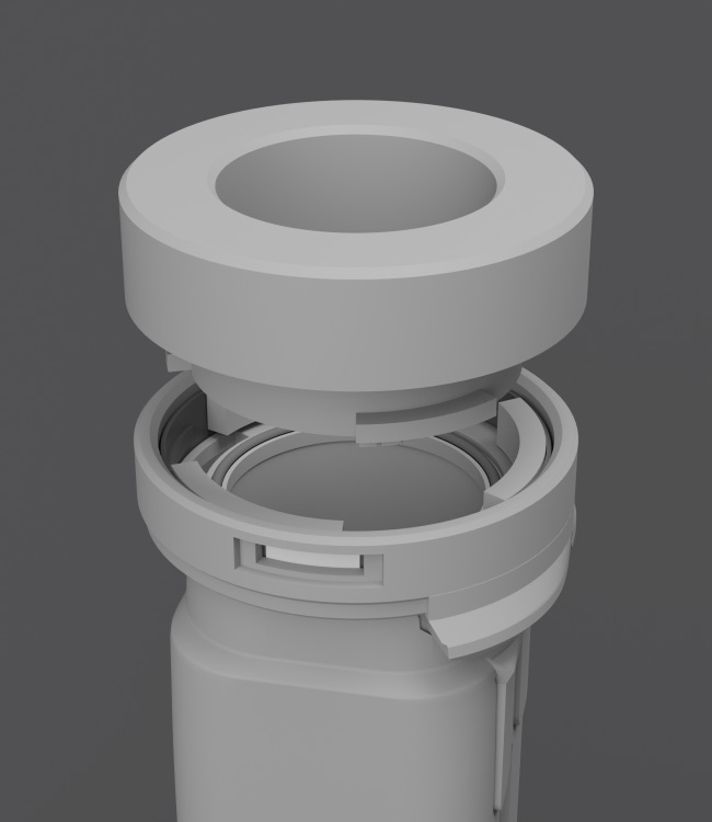 Grey-clay render, state A: the attachment lifted 15 mm above the collar, lugs and entry slots visible.