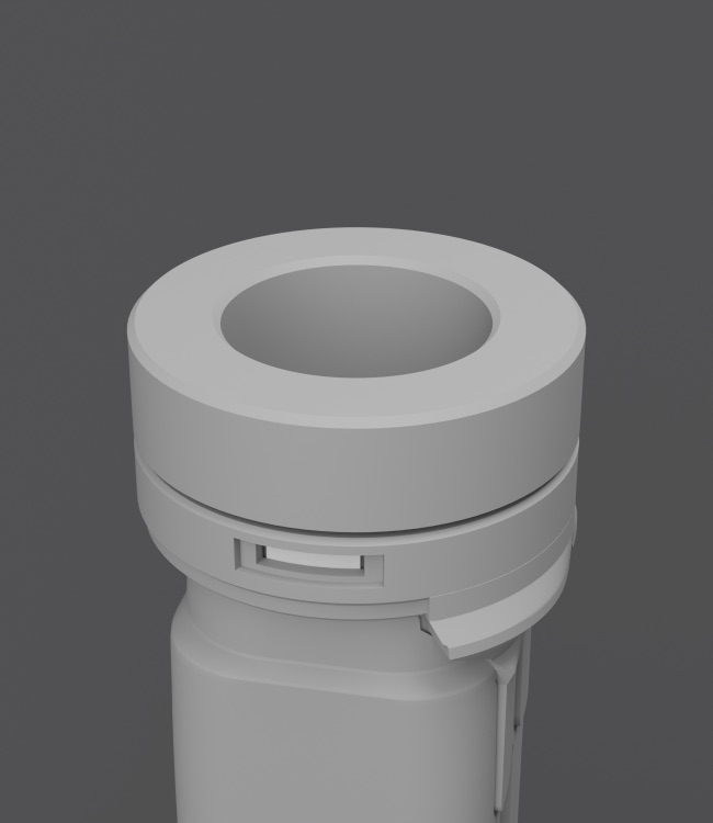 Grey-clay render, state B: the attachment seated on the collar, unlocked; the light signal arc shows in the side window.