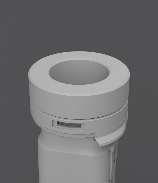 Grey-clay render, state C: the attachment rotated 30° and drawn in; the signal arc has swung clear and the window reads dark.