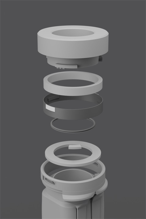 Grey-clay micro-exploded view of the frozen bayonet interface stack.