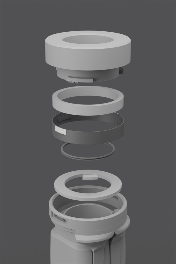 Grey-clay micro-exploded render of the frozen interface: attachment mating boss at the top, then separated rings of the interface stack, then the collar on the handle.