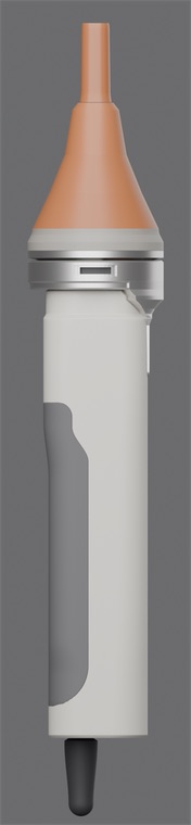 Orthographic side render of the locked CMF: mineral-orange concentrator with its three conical segments and outlet shroud, warm-grey base land, satin-aluminium collar with the signal window, warm-grey handle with graphite grip, black cable boot.