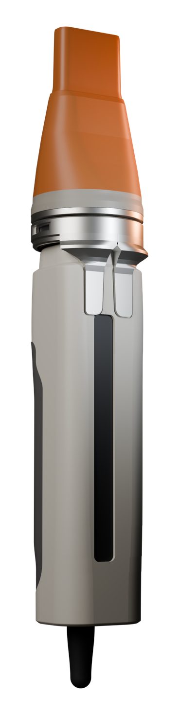 THERMA design-study render: a handheld hair-styling appliance standing upright — warm-grey handle, satin-aluminium bayonet collar and a mineral-orange airflow concentrator.