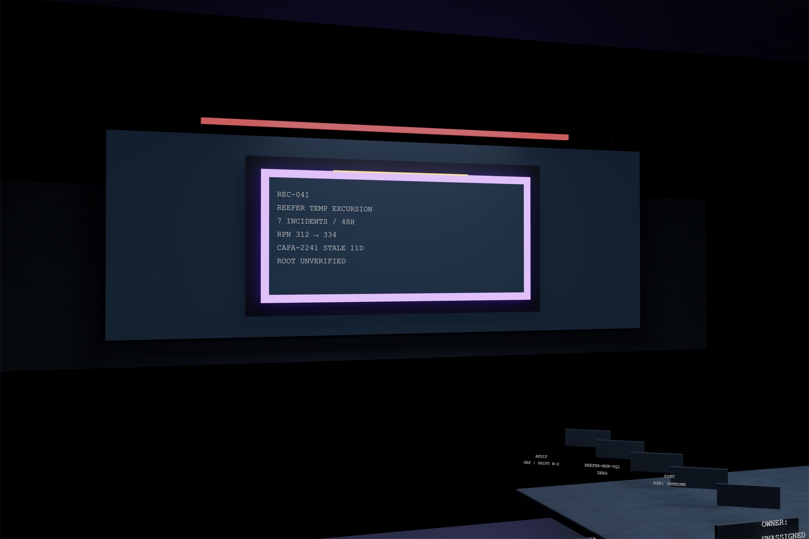 REC-041 concept render: a dark evidence chamber seen from the front left. A blue-grey monitor wall holds a pale violet-framed plaque with six lines of evidence text, a red rail runs above it, and a steel table with dark evidence placards sits in the lower right.