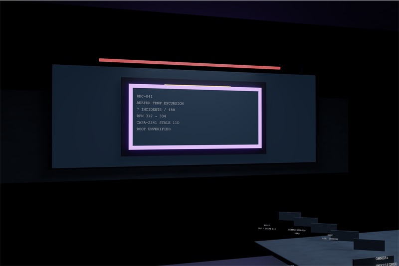 REC-041 v02 render: brighter chamber, red rail, a dark reveal plate behind the plaque and placards on the table.