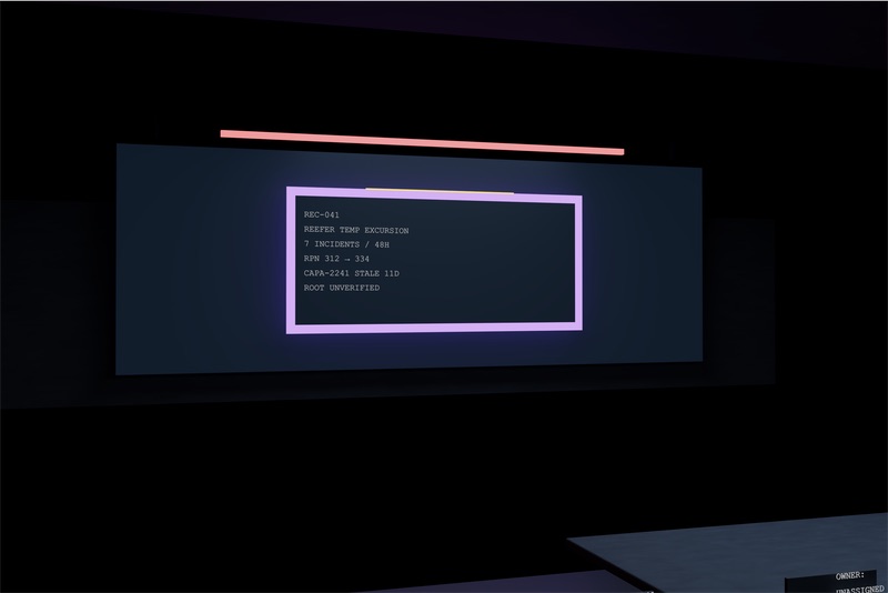 REC-041 v01 render: the same chamber, dimmer, with a salmon-pink rail and no placards on the table.